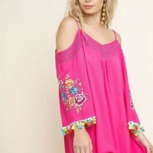 Pink Swim Coverup with Embroidery Cold Shoulder - Picture 1 of 9
